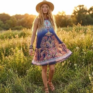 Crystal Doll Pleated Flowy Halter Minidress, Orange Paisley Boho, S, Button Back